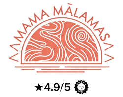 Mama Malamas logo with wave design and 4.9/5 star rating on a white background